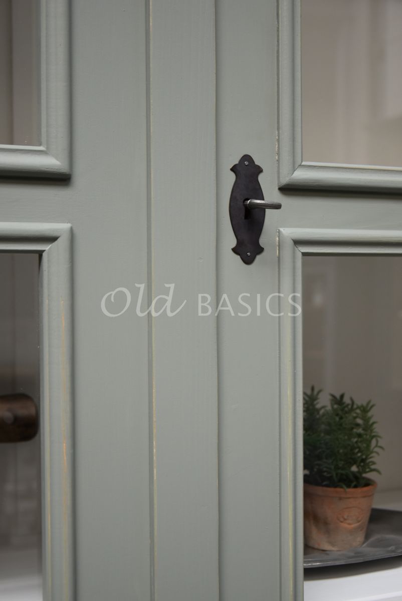 Detail van Vitrinekast Amiens, 4 deuren, RAL7033, groen, grijs, materiaal hout